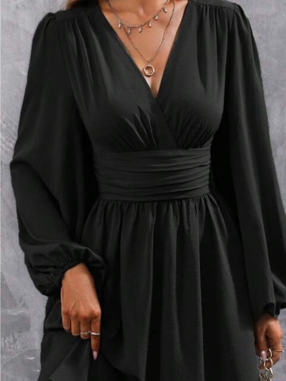 SHEIN Black V‑Neck Long Sleeve Ruched Waist Maxi Dress